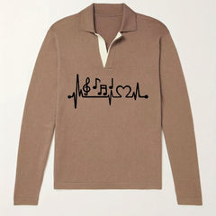 Music Note Pattern Knit Polo Shirt Men's Casual Lapel Pullover Sweater
