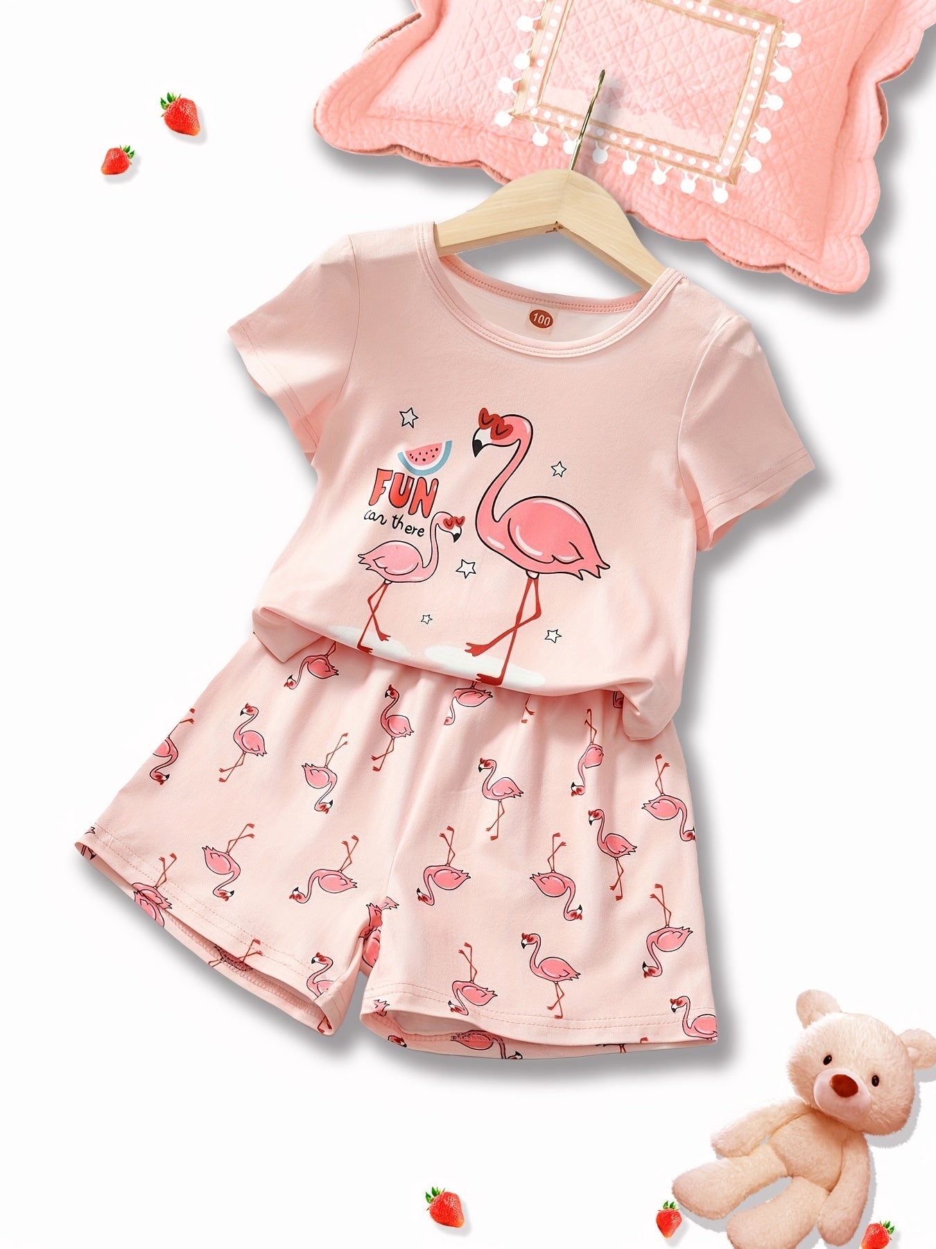 2pcs Toddler Girls Flamingo T shirt & Shorts Set Loungewear Pajamas Suit