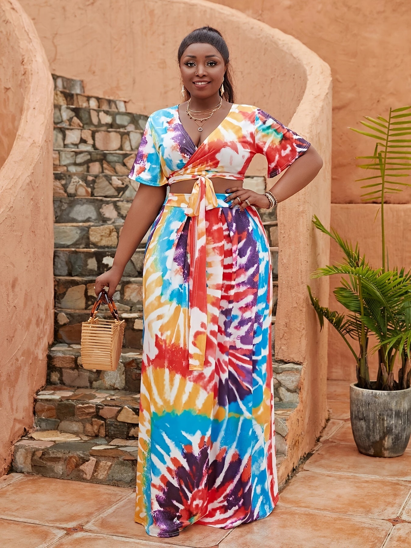 Tie Dye Print Short Sleeve Crop Top & Maxi Skirt Set Plus Size