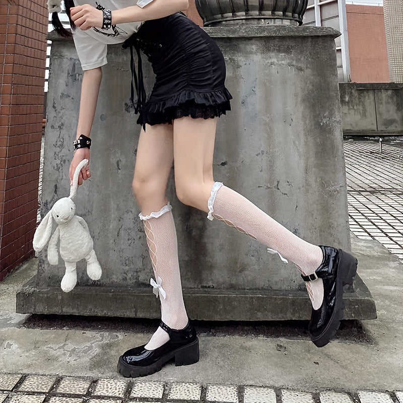 Fishnet Calf Socks Ruffle Knee High Stockings