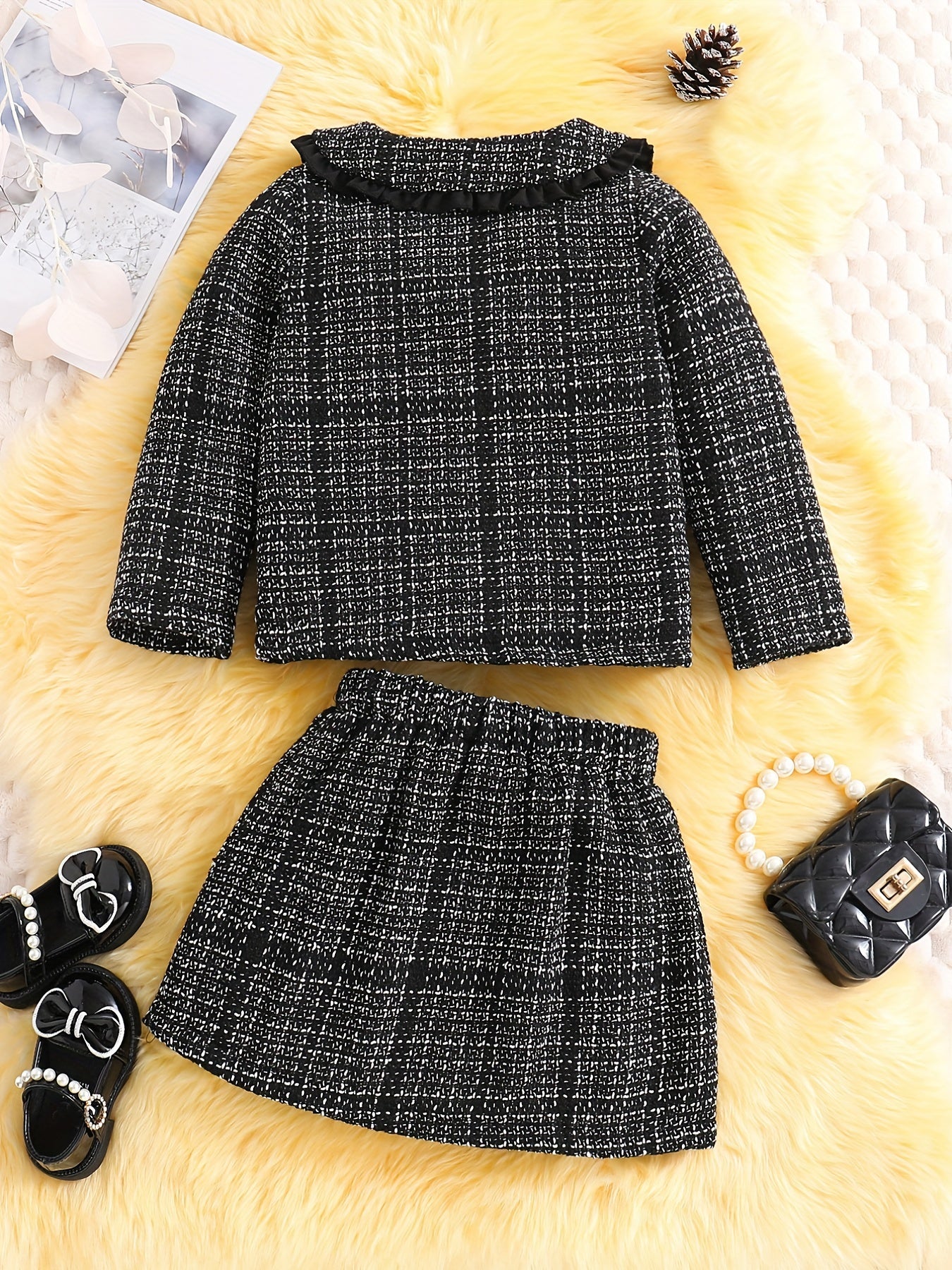 Girl's Tweed Outfit 2pcs Doll Collar Coat & Skirt Set For Spring Autumn