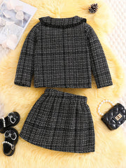 Girl's Tweed Outfit 2pcs Doll Collar Coat & Skirt Set For Spring Autumn