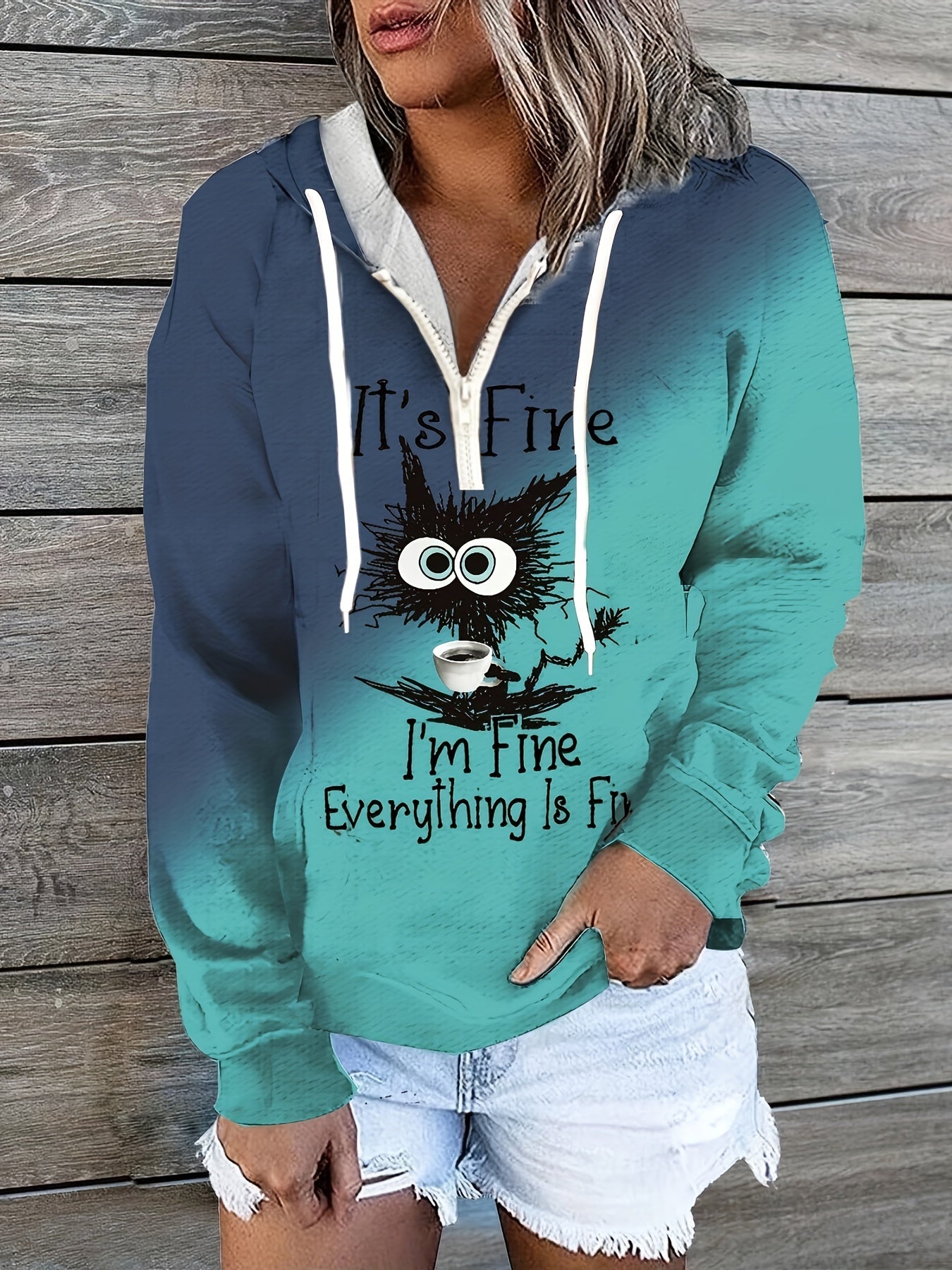 Cat Print Zip Hoodie Long Sleeve Hoodie