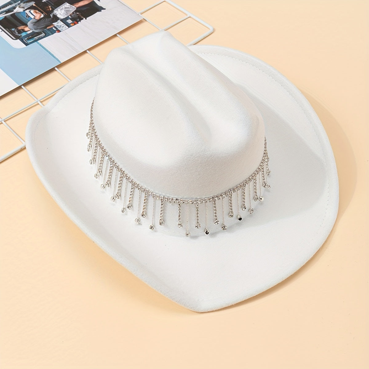 Cowboy Jazz Hat Rhinestone Chain Tassel Decor Fedora Cap