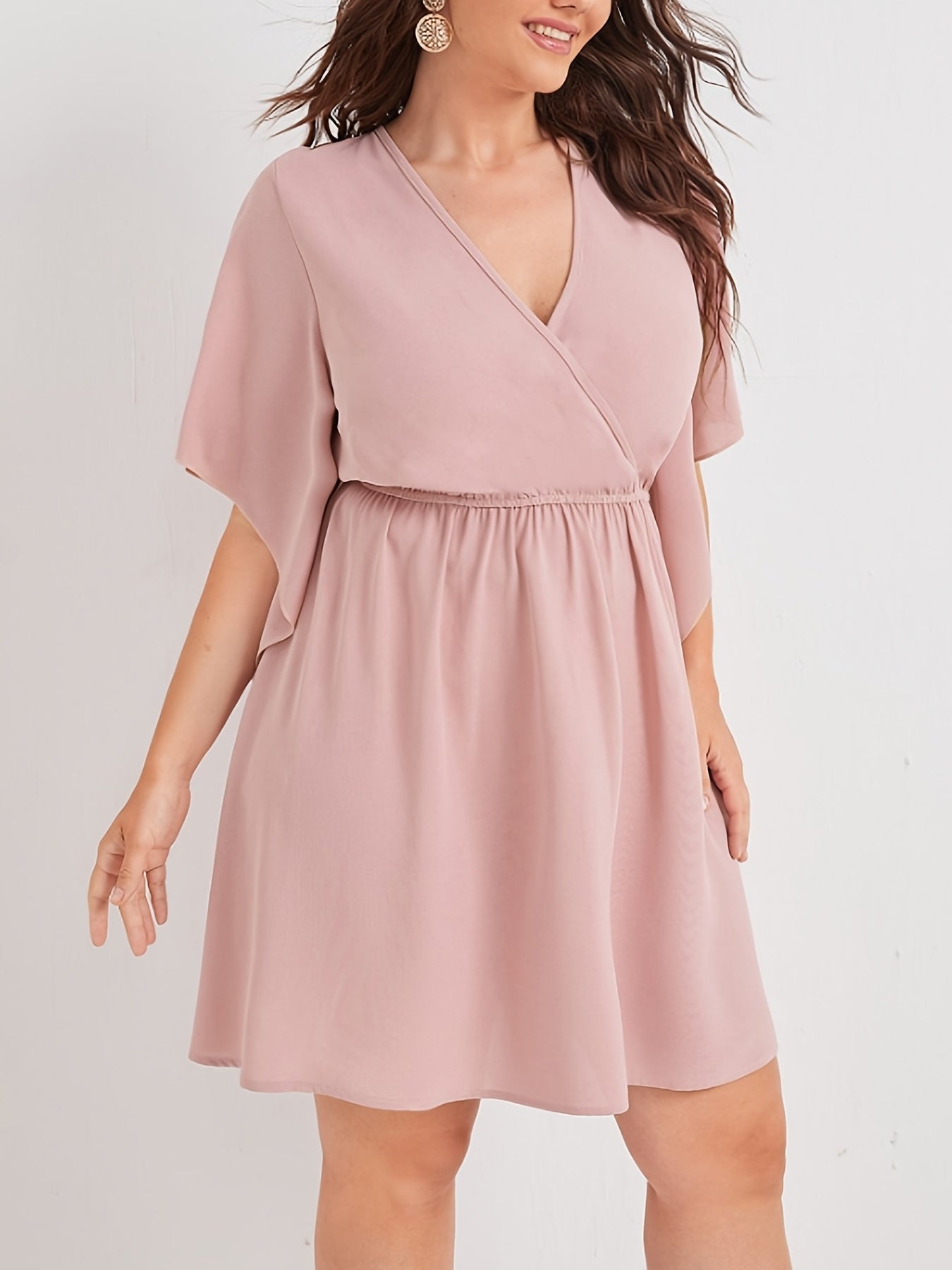 Solid Bell Sleeve Surplice Neck Mini Dress
