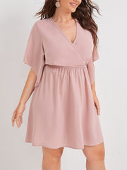Solid Bell Sleeve Surplice Neck Mini Dress