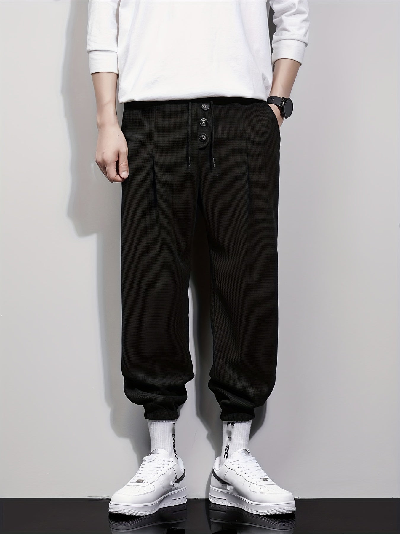 Men's Drawstring Button Wrinkle Pocket Sweatpants Loose Jogger Pants