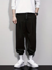 Men's Drawstring Button Wrinkle Pocket Sweatpants Loose Jogger Pants