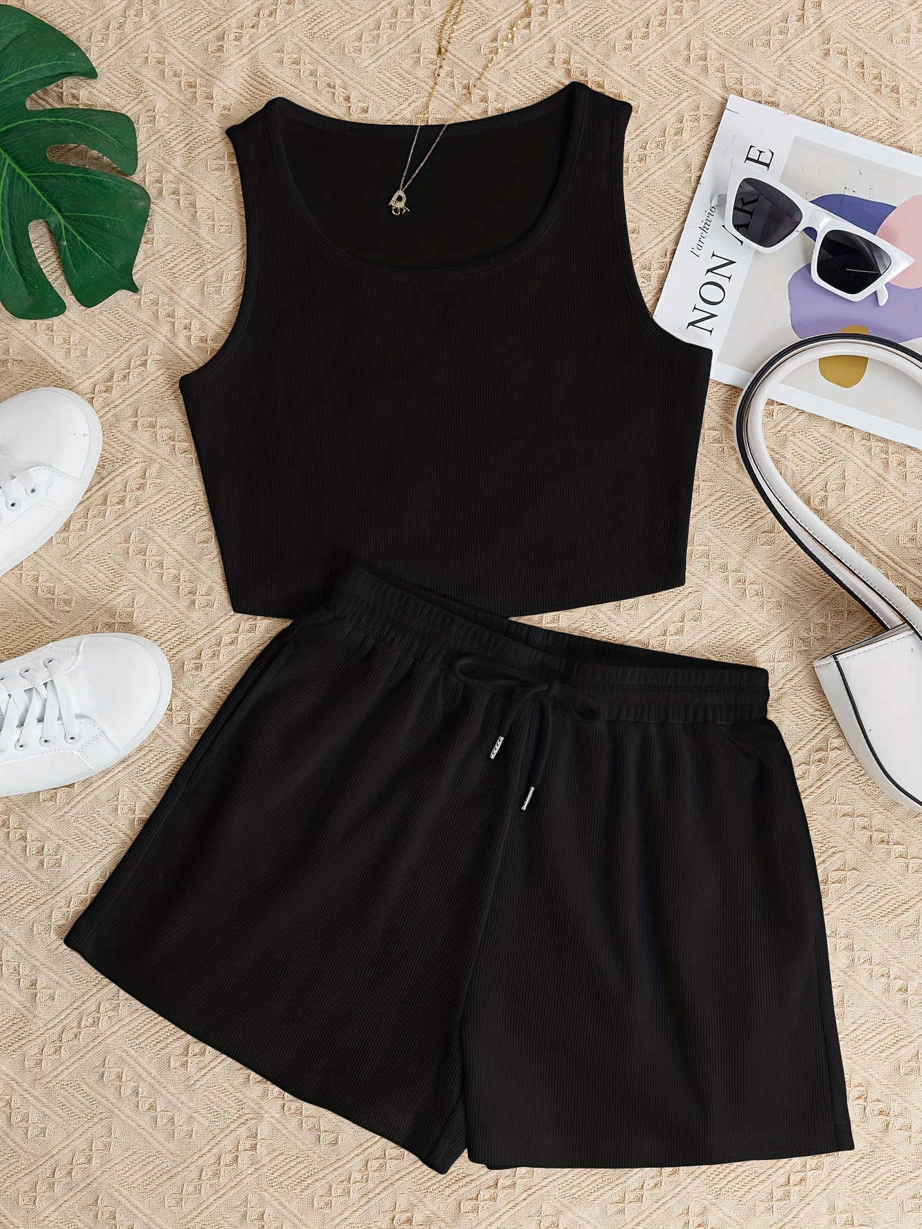 Solid Casual Two piece Set Sleeveless Crop Tank Top & Drawstring Waist Shorts