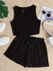Solid Casual Two piece Set Sleeveless Crop Tank Top & Drawstring Waist Shorts