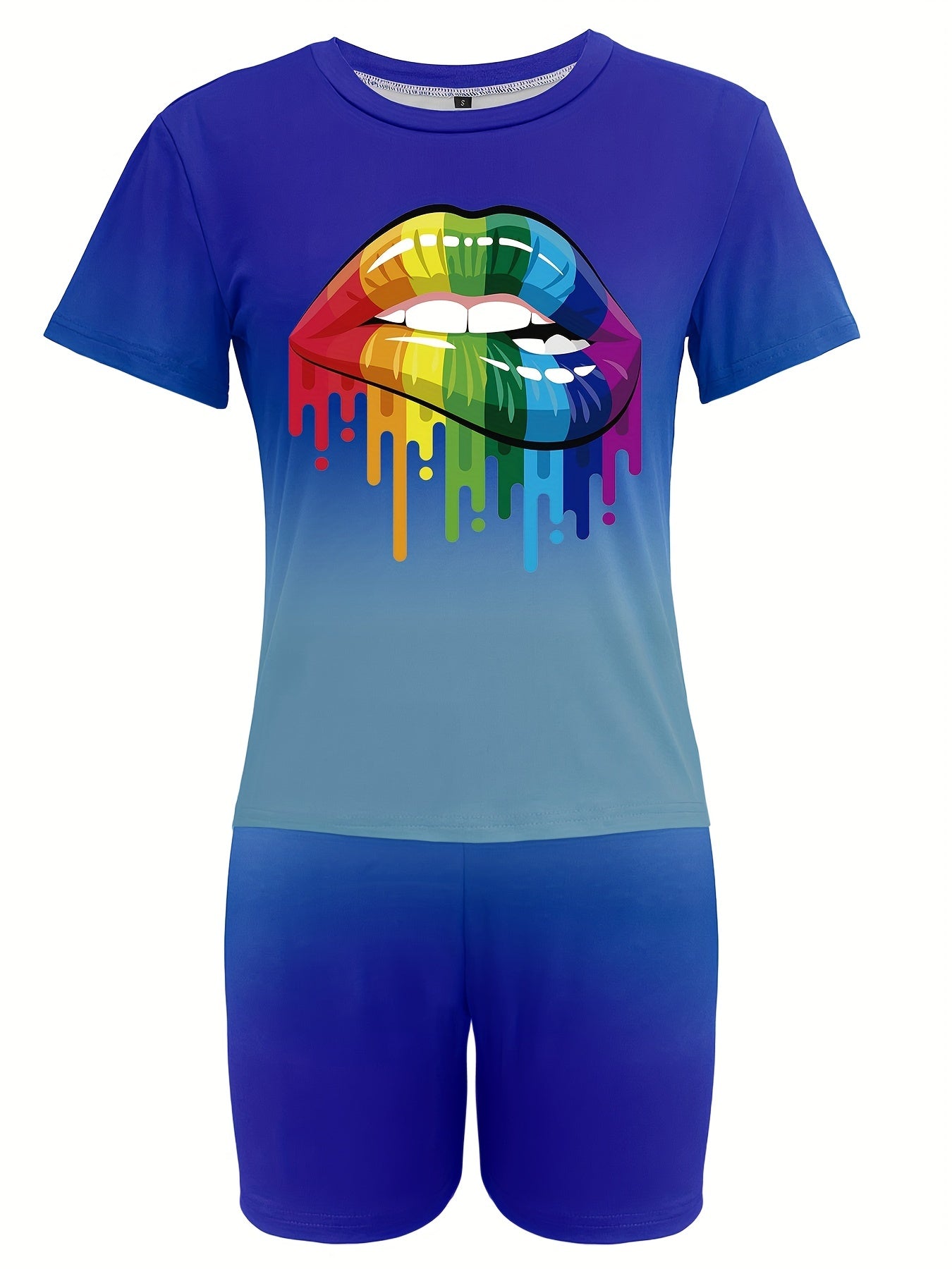 Lips Print 2pcs Set Short Sleeve T Shirt & Biker Shorts
