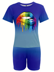Lips Print 2pcs Set Short Sleeve T Shirt & Biker Shorts