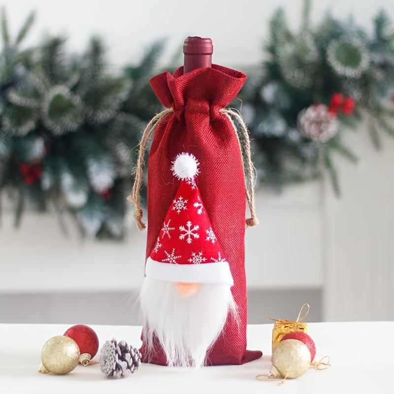 Christmas Linen Wine Bottle Bags Set - Old Man Faceless Doll Red Wine Clothing
