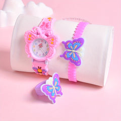3pcs 3D Cartoon Butterfly Silicone Strap Girls' Watch