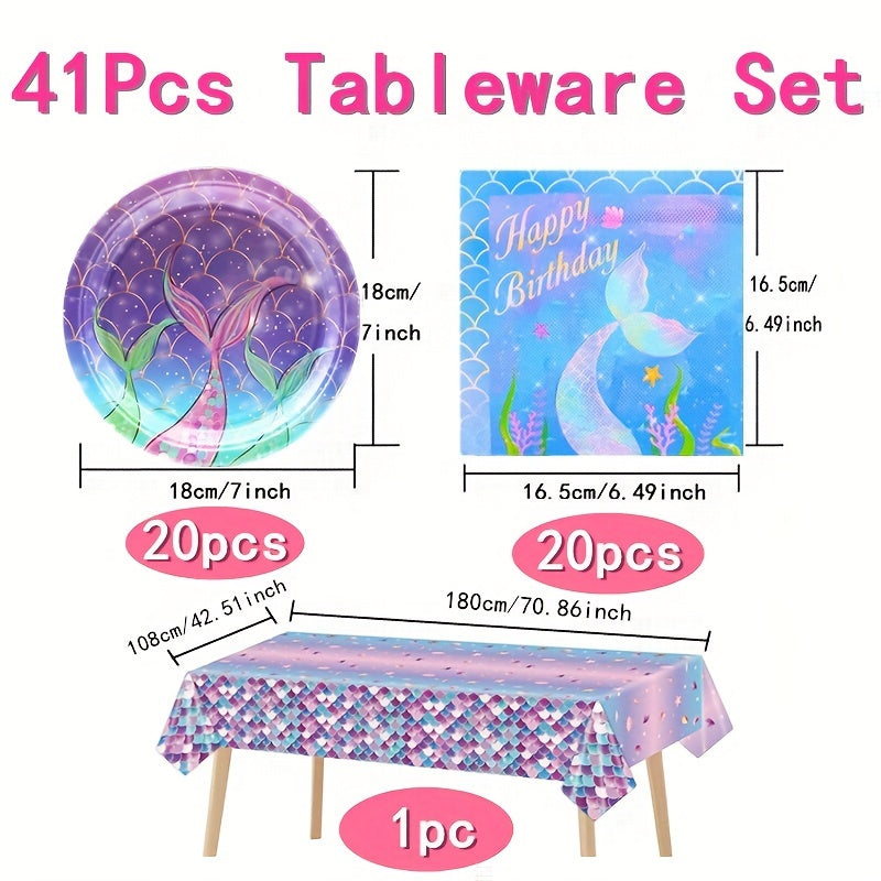 Mermaid Party Tableware Set for 20 Guests - Dinner Plates, Napkins, Tablecloth