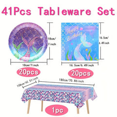 Mermaid Party Tableware Set for 20 Guests - Dinner Plates, Napkins, Tablecloth