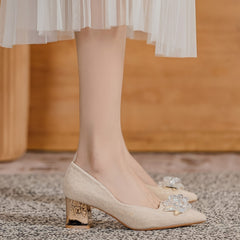 Women's Pointed Toe Chunky Heels Floral Rhinestone Slip On Wedding Heels