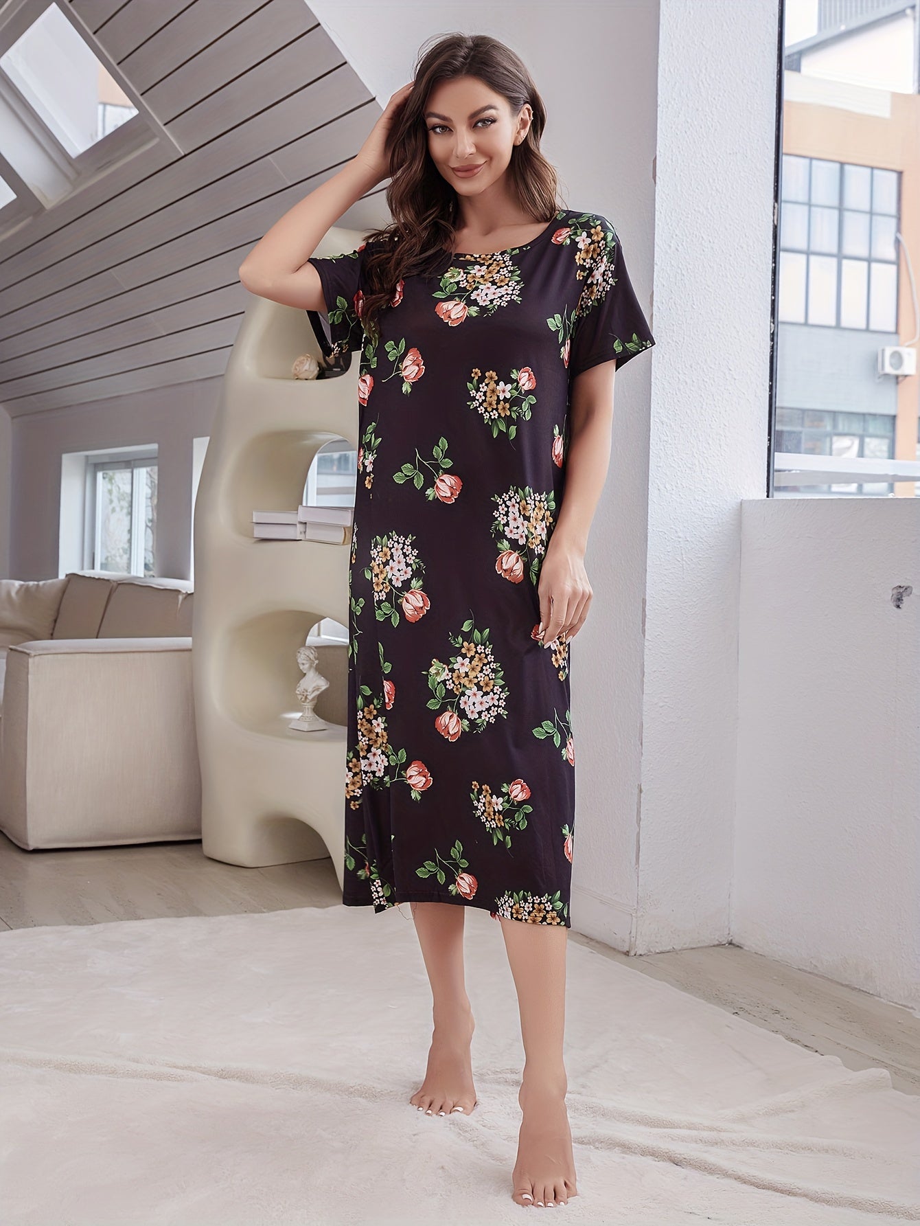 Floral Print NightDress Short Sleeve Pajama Dress Women's Sleepwear