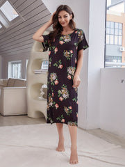 Floral Print NightDress Short Sleeve Pajama Dress Women's Sleepwear
