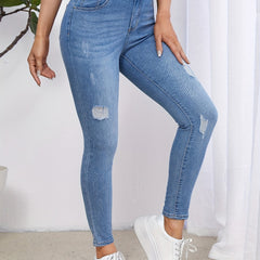 Ripped Holes Skinny Jeans Slash Pockets Stretch Denim Pants Women