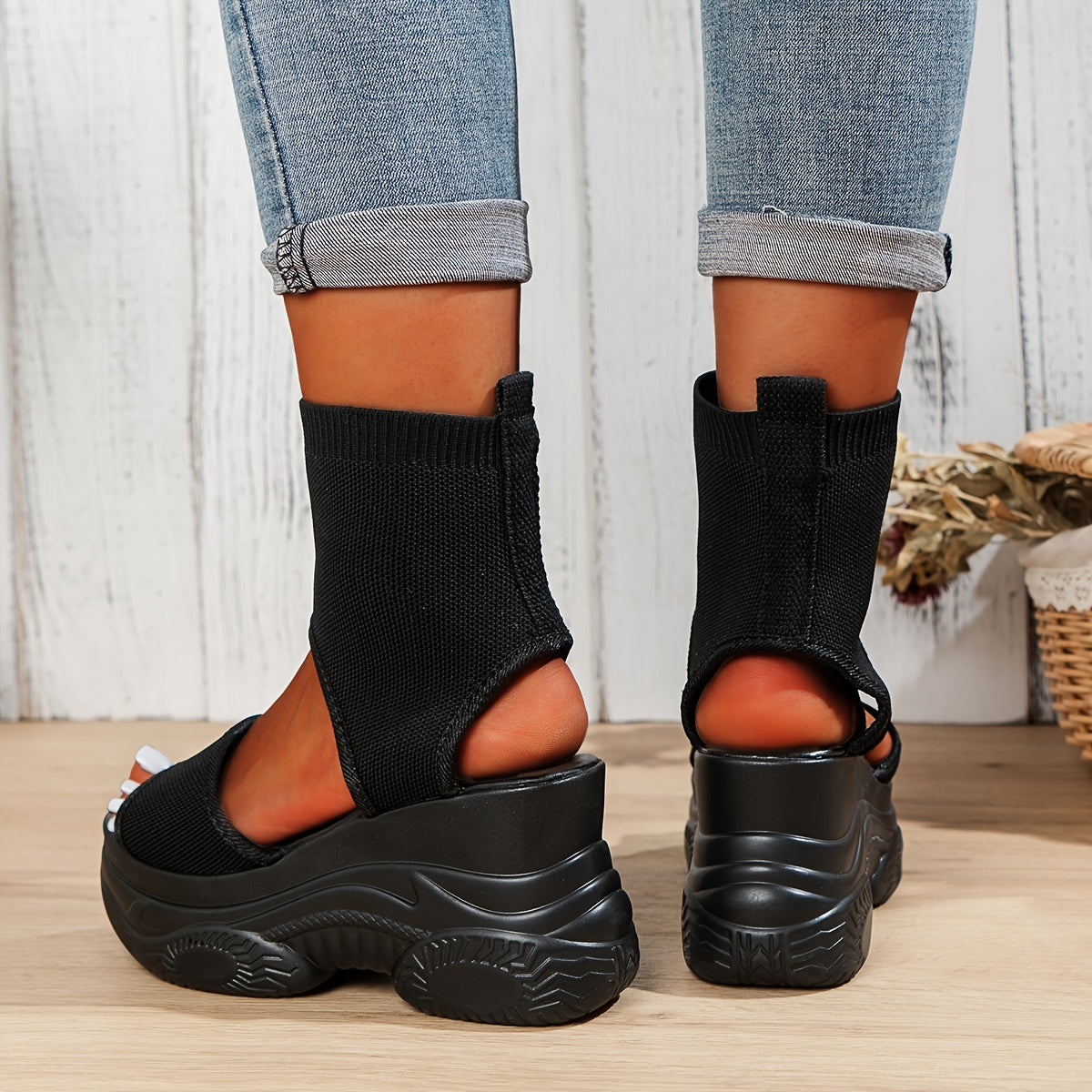 Women's Solid Wedge Sandals Knit Platform Beach Shoes