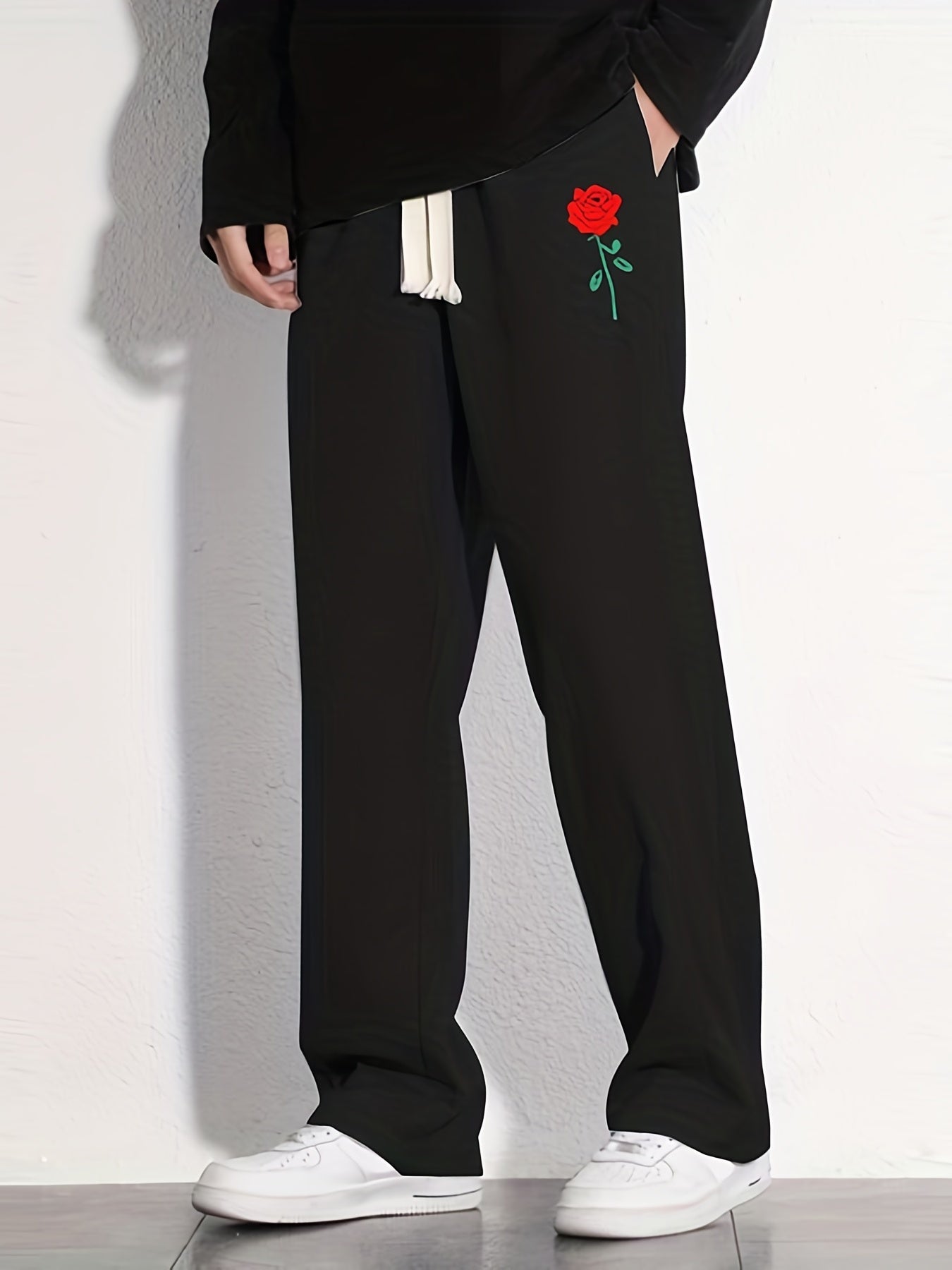 Rose Pattern Applique Mopping Pants Men's Casual Joggers