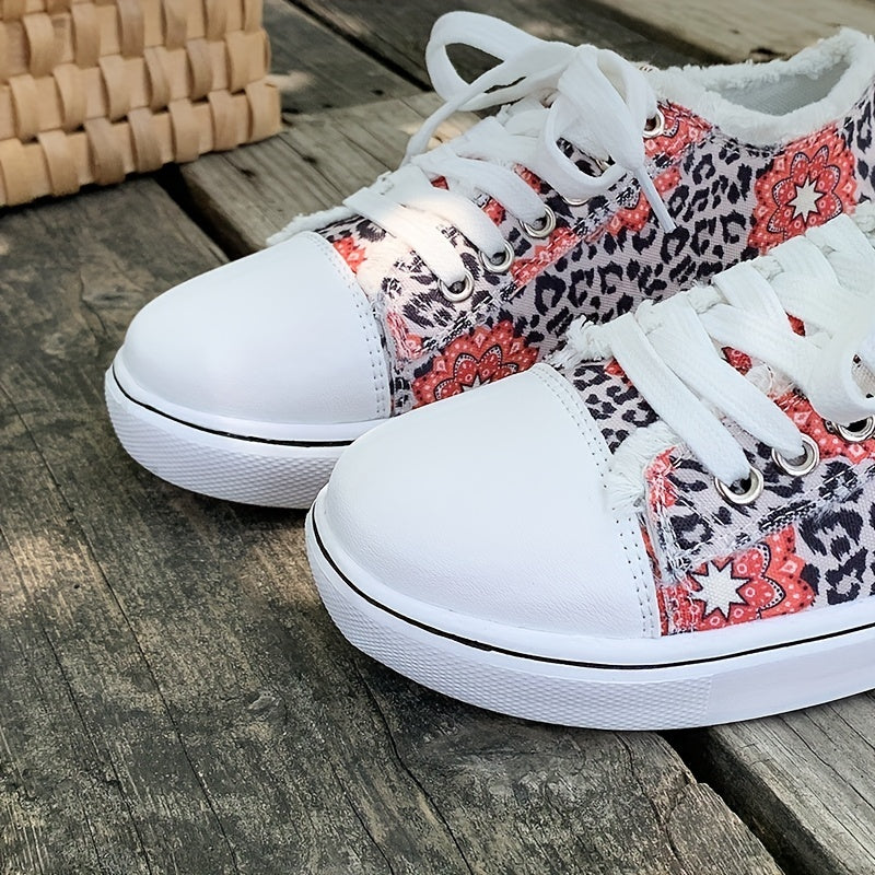 Women's Flower & Leopard Print Canvas Shoes Low Top Sneakers