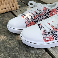 Women's Flower & Leopard Print Canvas Shoes Low Top Sneakers