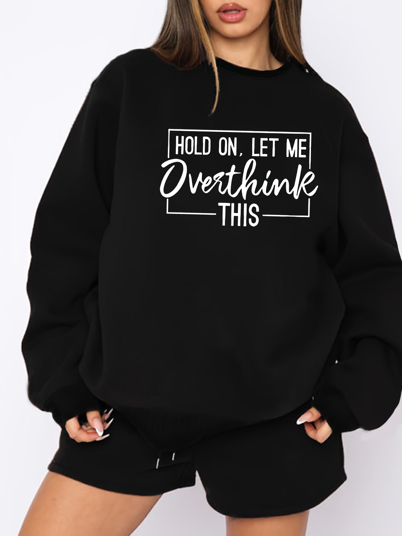 Slogan Print Fleece Sweatshirt & Shorts Set