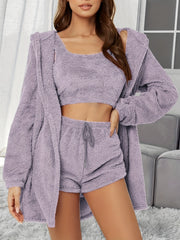 Women's Fuzzy Lounge Set Tank Top Hooded Outwear Shorts