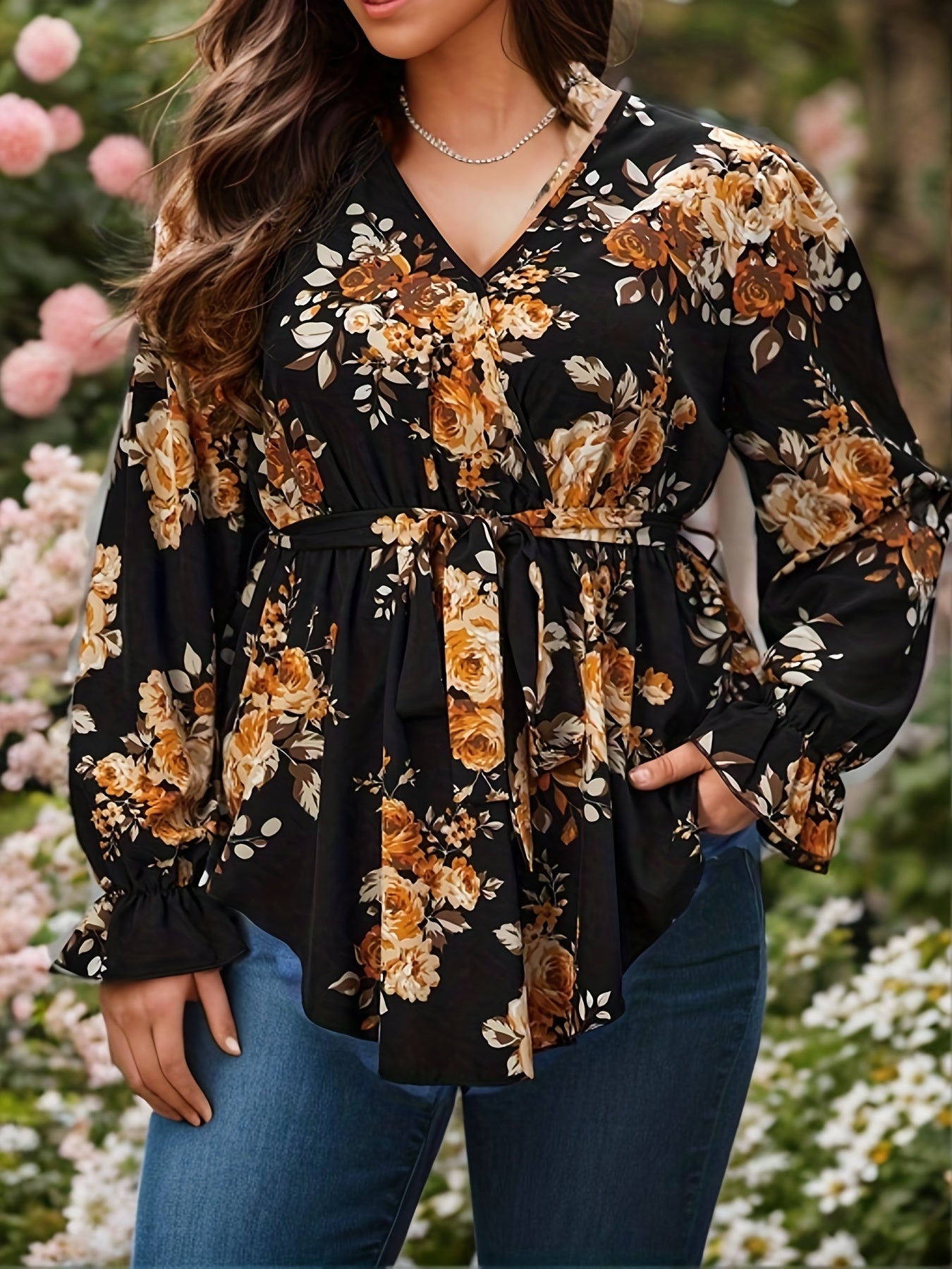 Plus Size Romantic Blouse Women's Plus Floral Print Long Sleeve