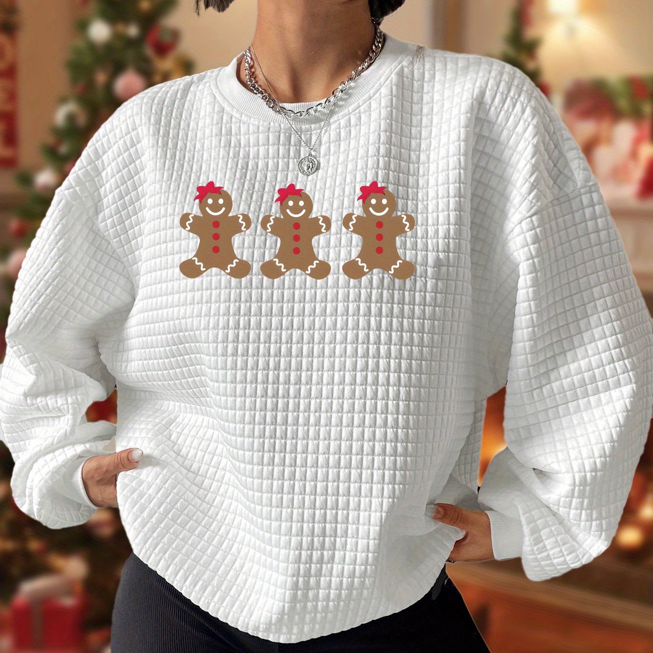 Gingerbread Man Waffle Lounge Top Christmas Crew Neck Long Sleeve