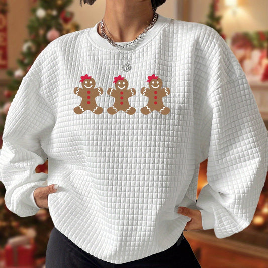 Gingerbread Man Waffle Lounge Top Christmas Crew Neck Long Sleeve