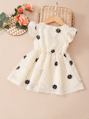 Baby Girls Floral Embroidery Ruffle Sleeve V neck Dress Clothes