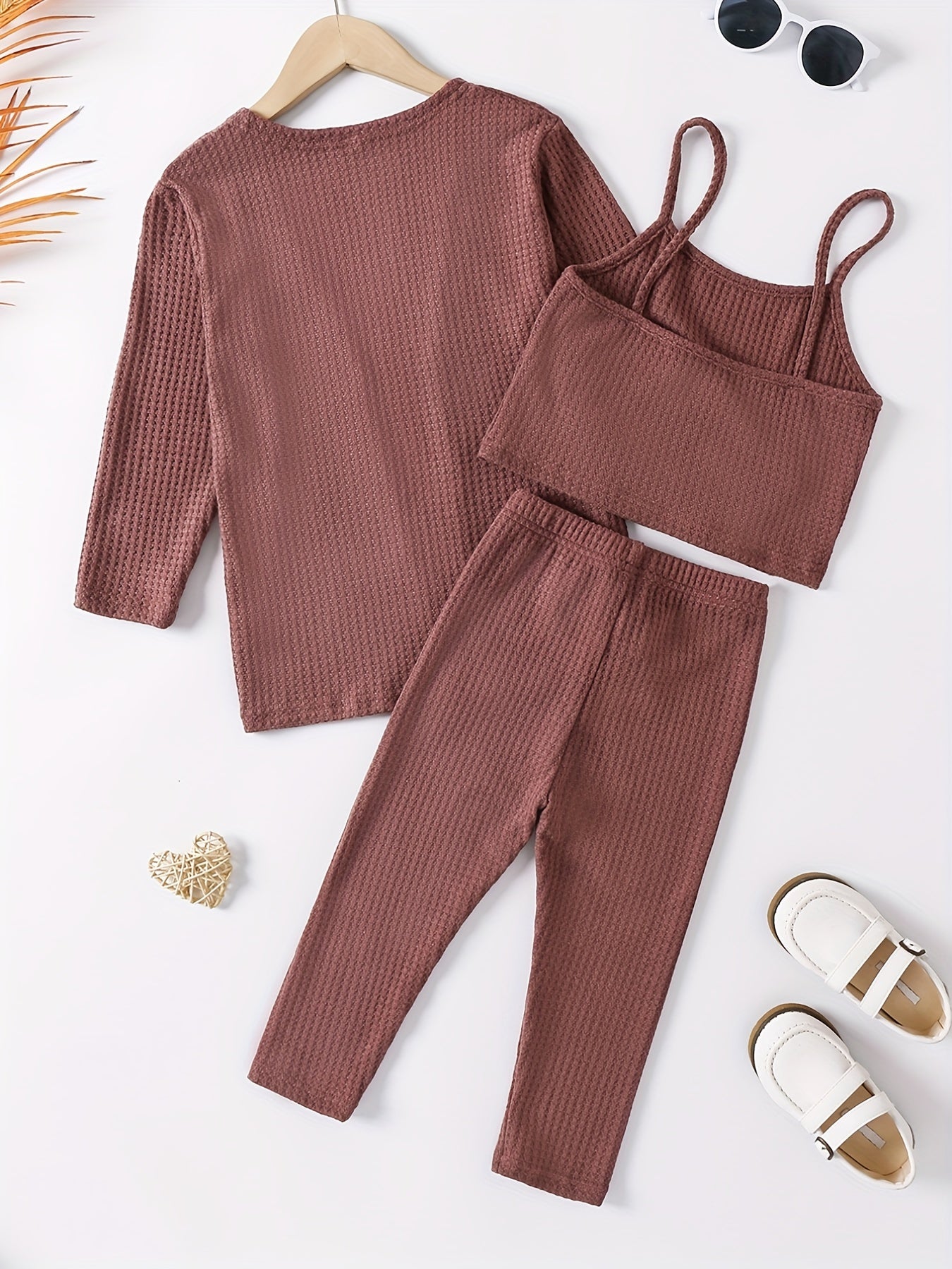 Girl's Waffle Pattern 2pcs Cami Top & Cardigan & Pants Set