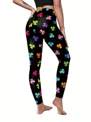 Colorful Clover Print High Rise Skinny Leggings