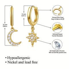 Star & Moon Drop Earrings, Golden Jewelry