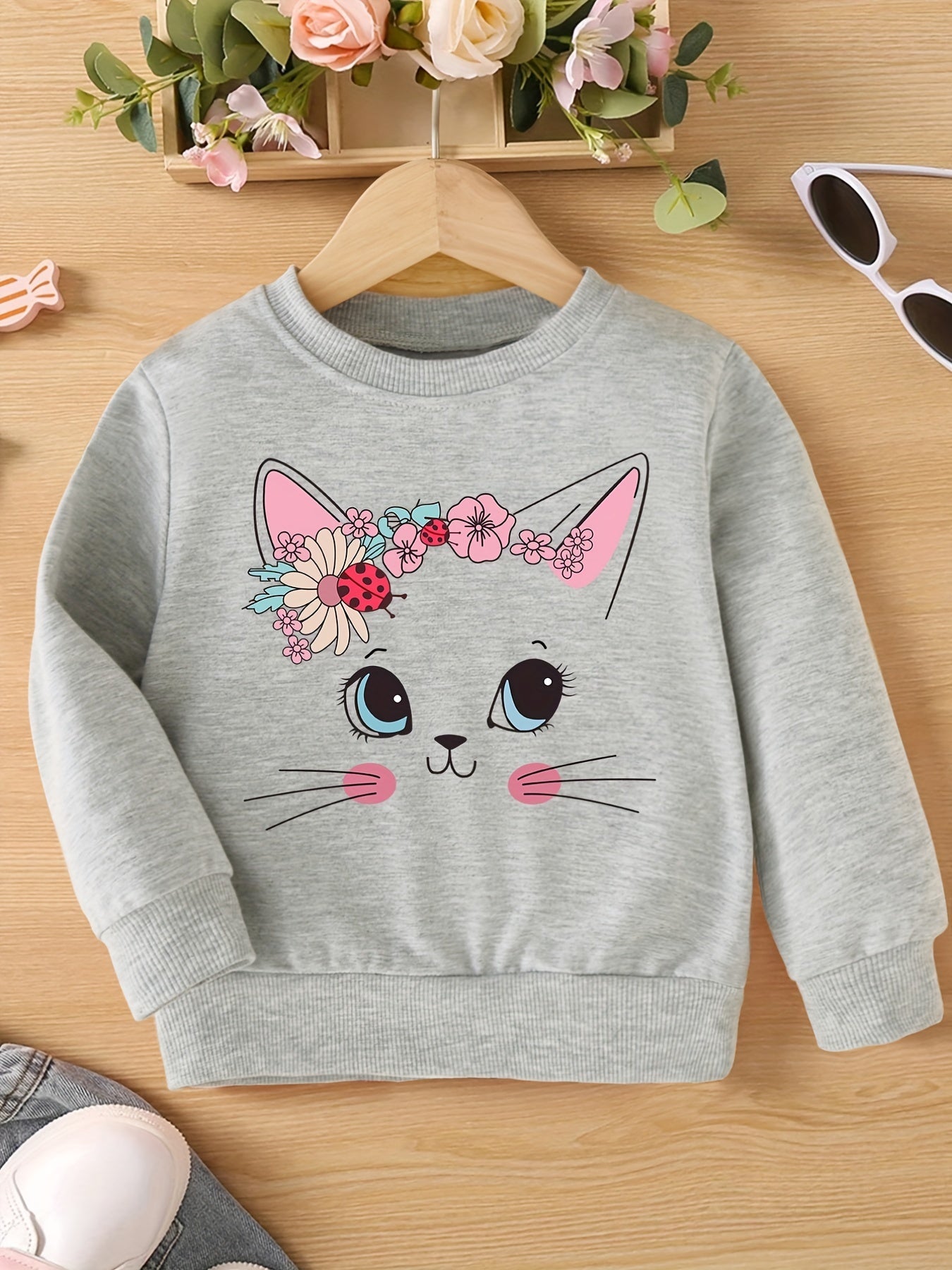 Pretty Cat Print Girls Casual Creative Pullover Sweatshirt Long Sleeve