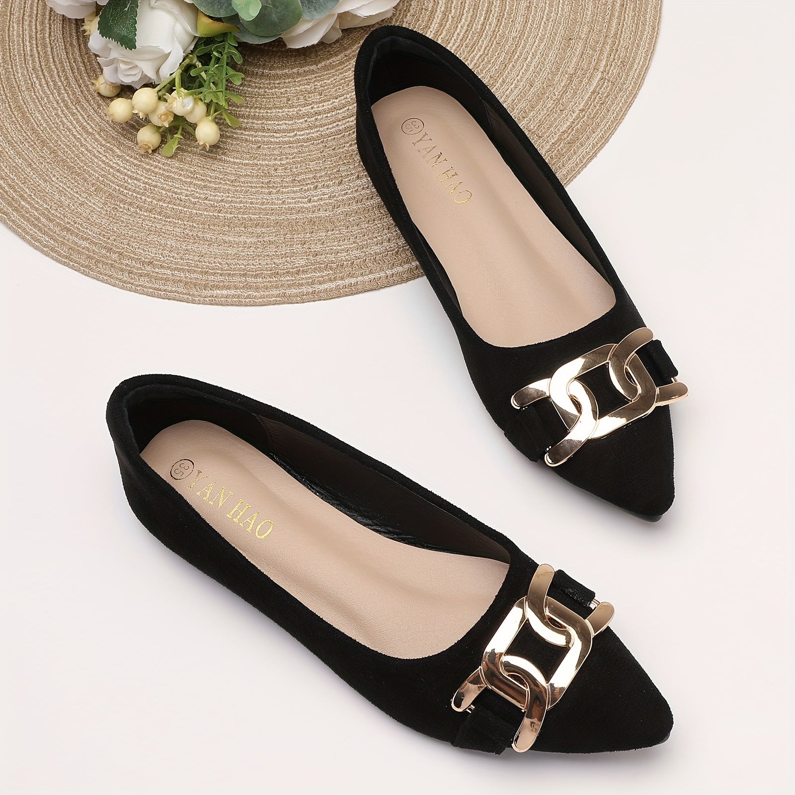 Pointed Toe Flat Shoes with Metallic Buckle - Versatile Work Shoes