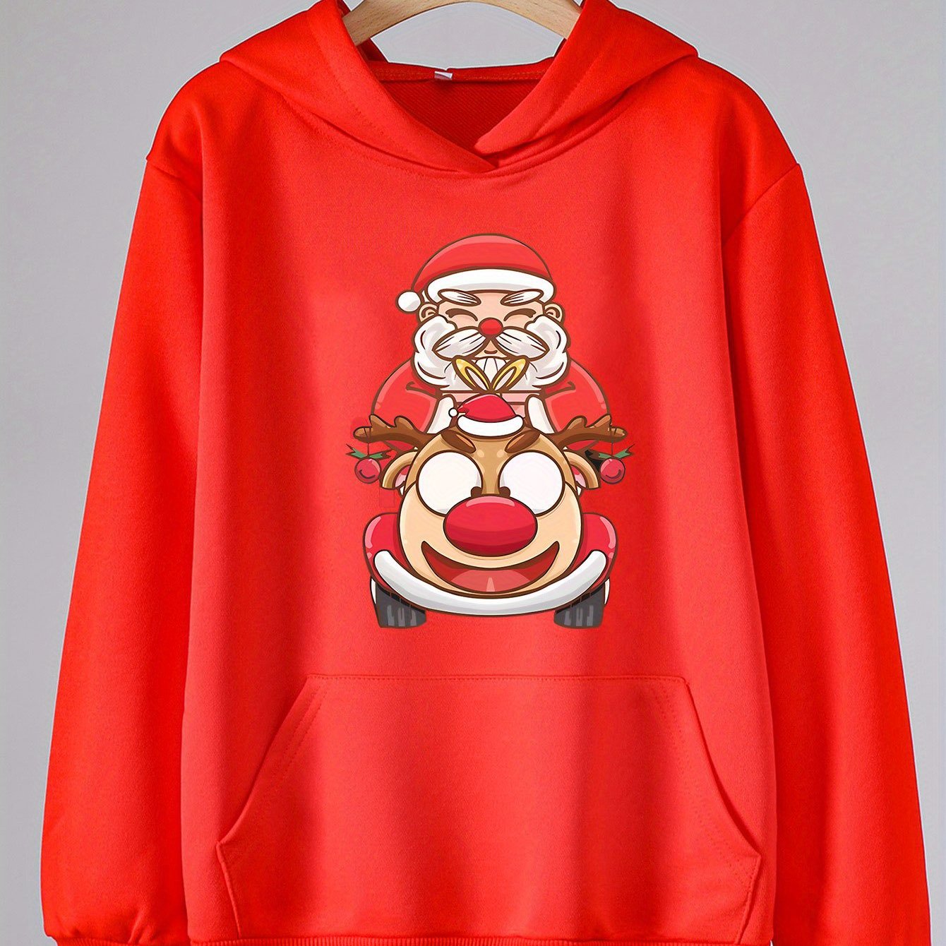 Santa And Elk Print Christmas Hoodie For Girls Kids