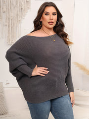 Solid Ribbed Batwing Sleeve Boat Neck Sweater