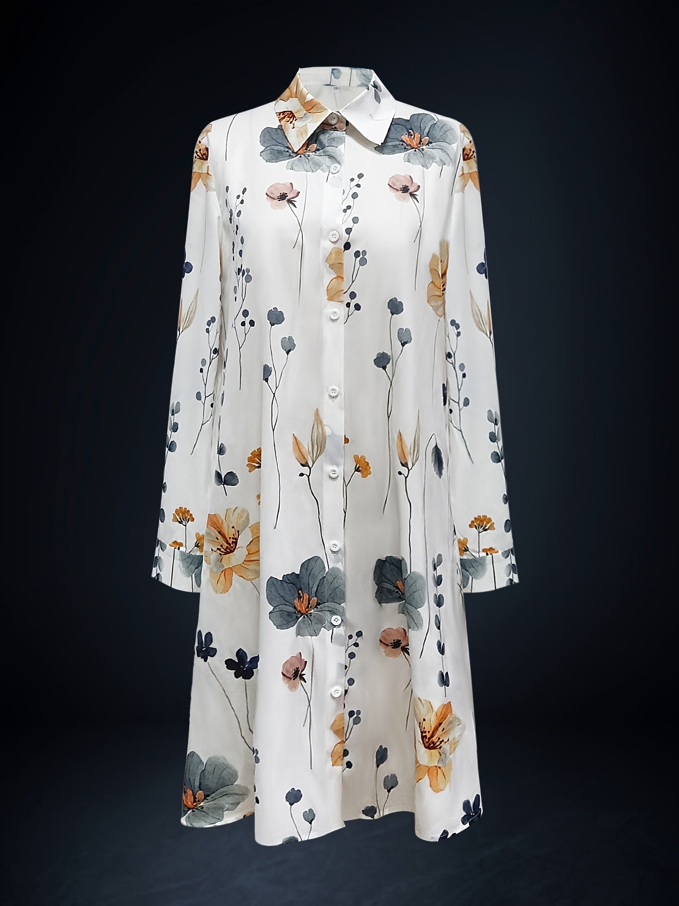 Floral Print Polo Collar Button Dress Casual Long Sleeve Dress