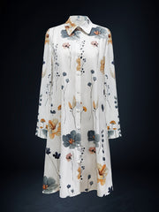 Floral Print Polo Collar Button Dress Casual Long Sleeve Dress
