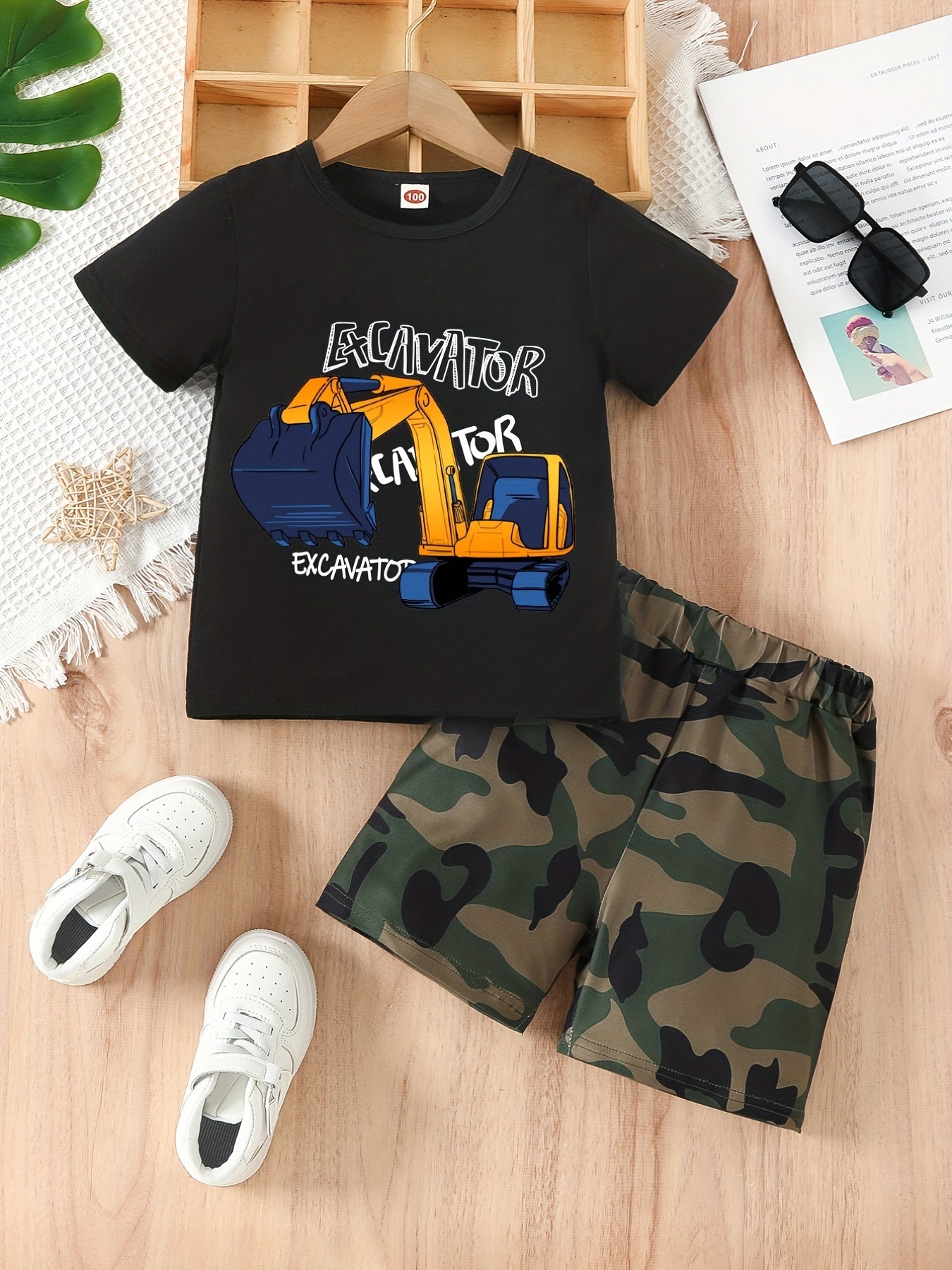 Boy's 2pcs T shirt & Shorts Set Letter Cartoon Print Top Casual Outfits