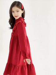 Girls' Solid Ruffle Trim Long Sleeve Dress For Christmas Party