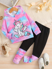 Girl's Unicorn Tie Dye 2pcs Hoodie & Pants Set for Spring Fall