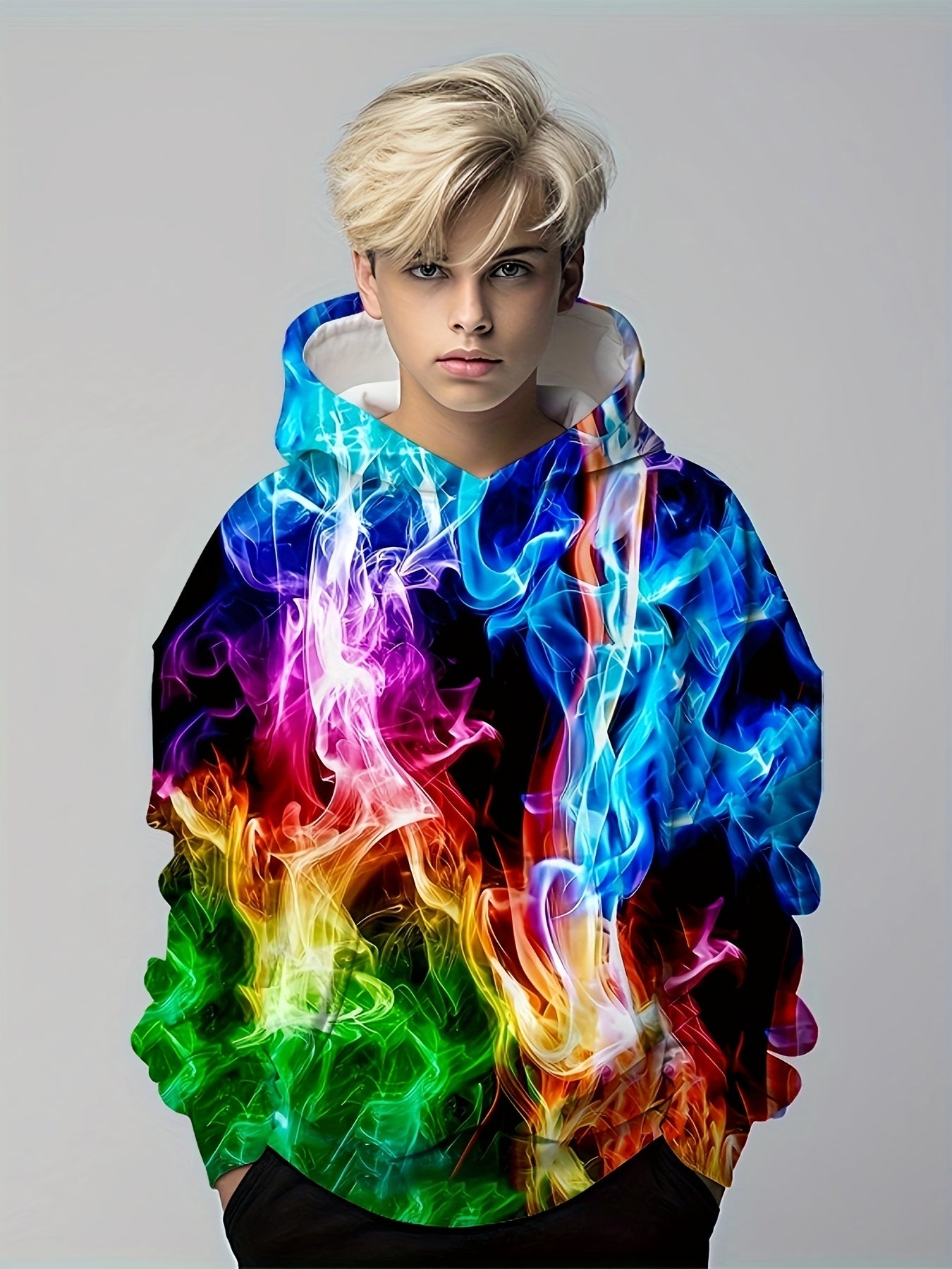 Kids Flame Element Colorful 3D Print Hoodie Hip Hop Sports Casual Tops