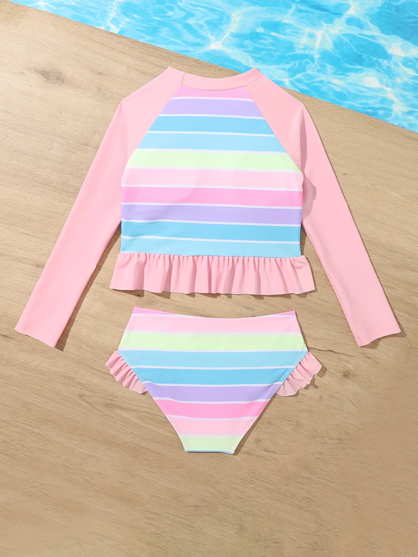 2pcs Rainbow Striped Tankini Swimsuit Long Sleeve Top Beach