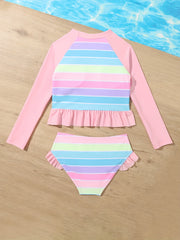 2pcs Rainbow Striped Tankini Swimsuit Long Sleeve Top Beach