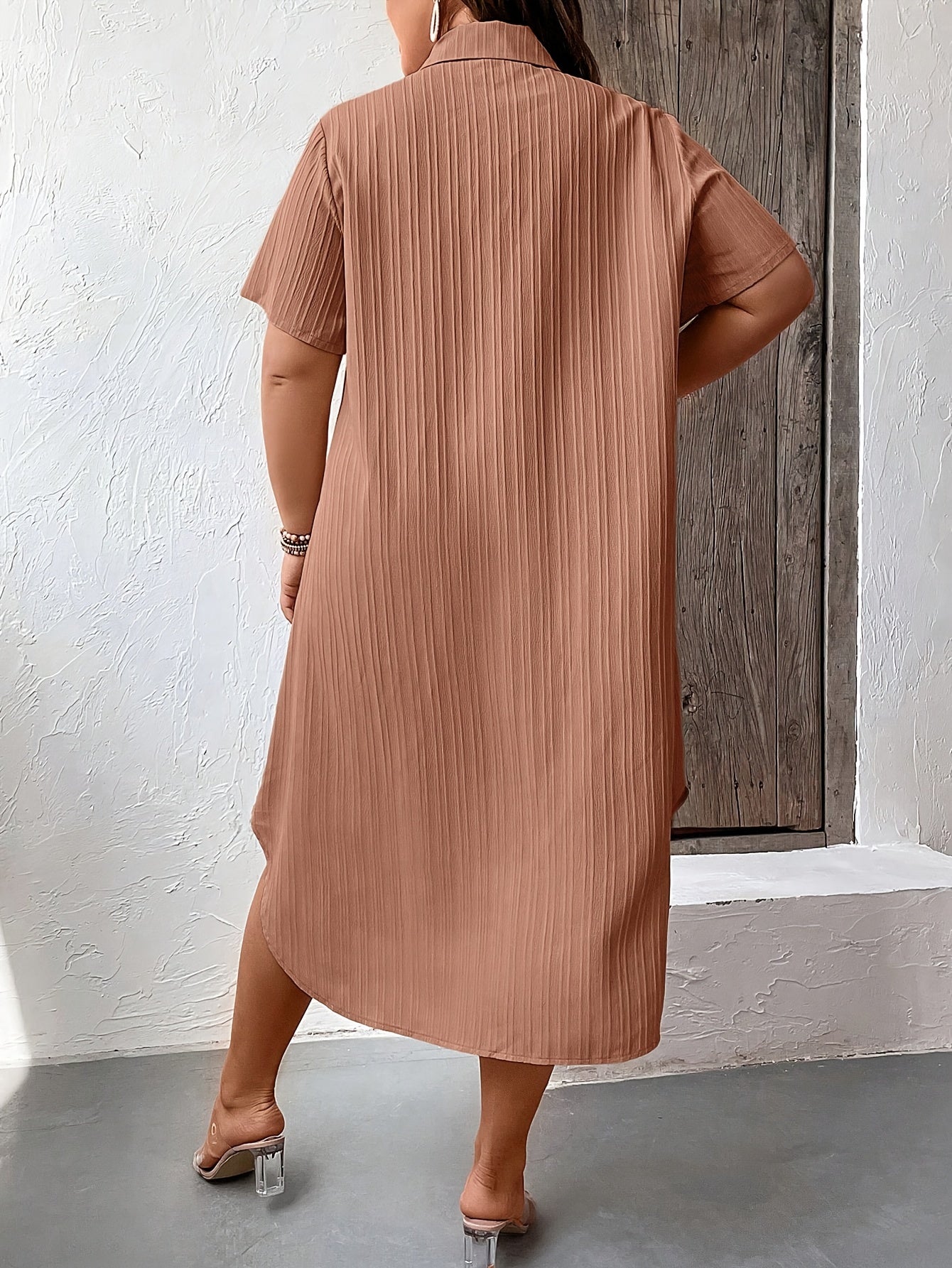 Women's Solid Textured Button Up Shirt Dress